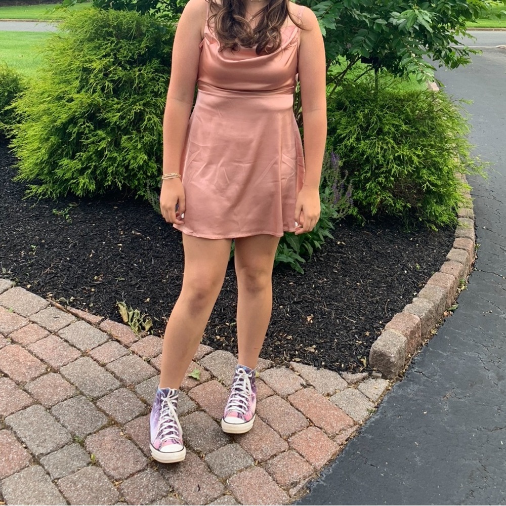 Pink satin slip mini dress